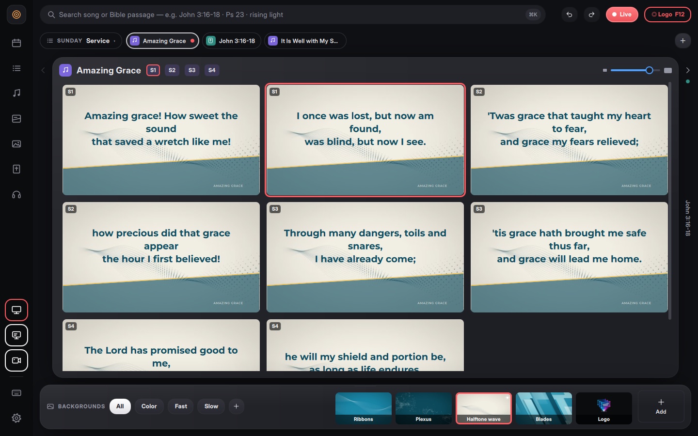 The table · every slide of the song, setlists on top, backgrounds below